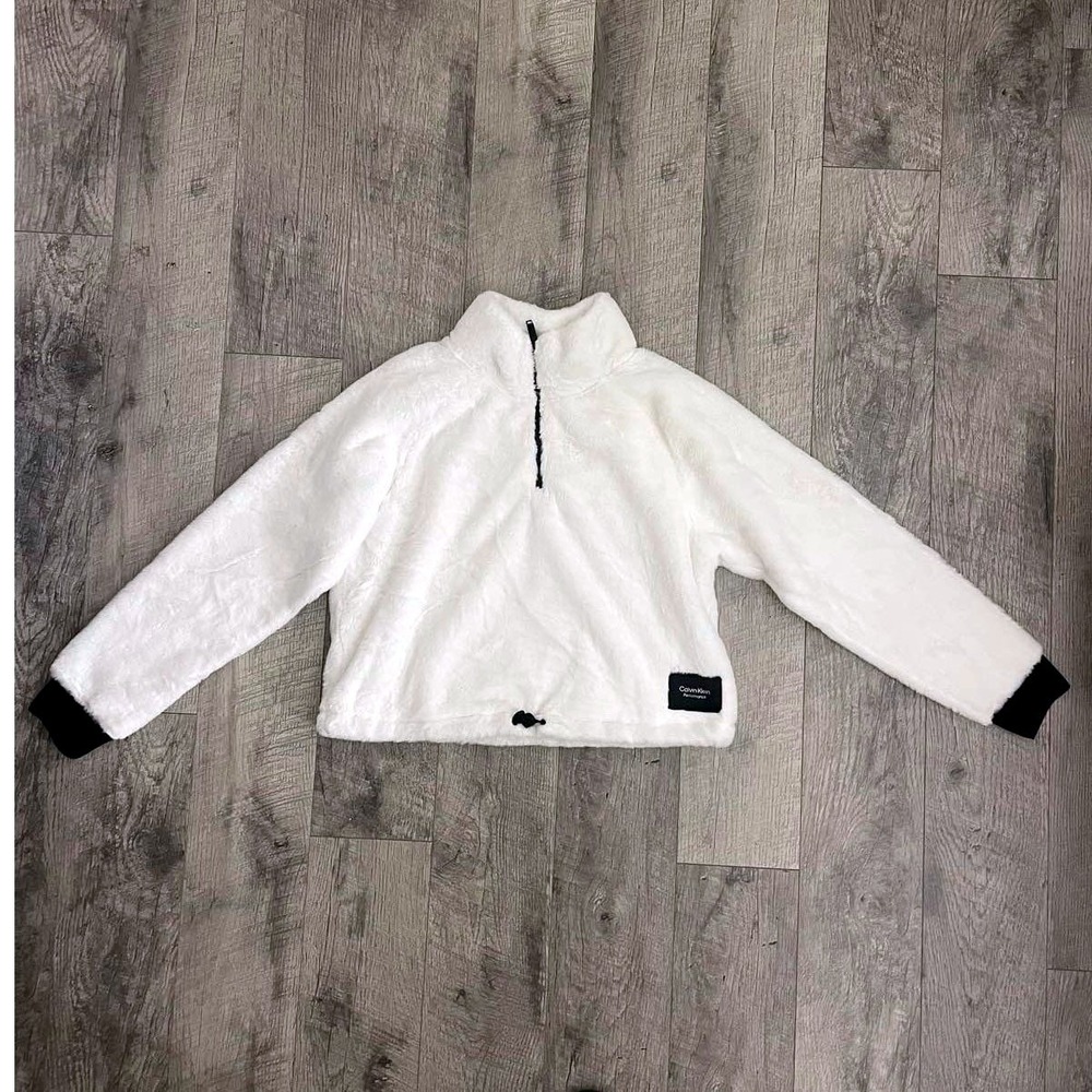 Calvin Klein Performance Womens White Faux Fur Quarter Zip Pullover Large